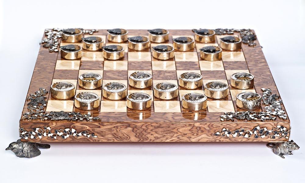Andriy Kovalyk designs astonishing silver pieces. One of his silver chess sets shown here was inspired by Spain's Salvador Dali museum and was created from several materials such as silver gilt, enamel and jasper stone. 